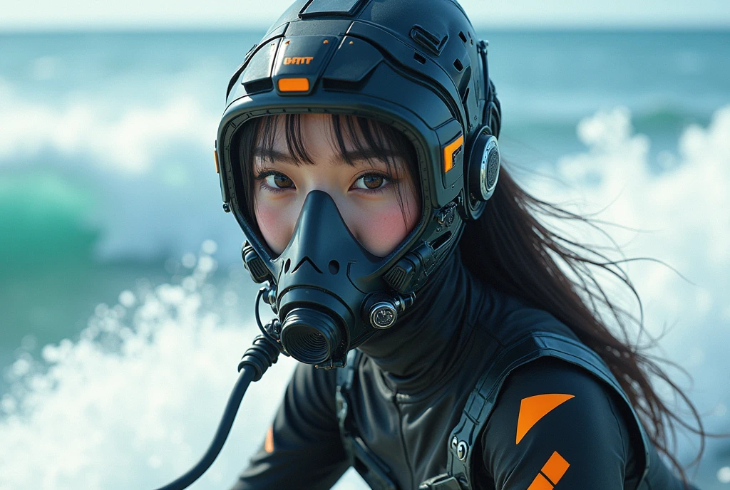 photo-realistic, ultra-realistic, very beautiful Japanese, famous Japanese idol, 20 years old, dramatic scene, masterpiece, beautiful eyes, (face focus, acrobatic closeup to her beautiful scuba-masked face:1.3), (extremely intricated with extremely complex cyber punk mecha armored full-face scuba mask with air hose:1.5), (wearing cyber punk mecha-suits with neon marker:1.5), (she is acrobatic jet skiing on the sea:1.5), (super big jump in the air over the huge waves:1.5), (fully equipped with scuba equipment:1.3), amazing view of huge waves, acrobatic pose, dynamic angle, spectacular, Nimble movements, Sharp turns, (very large breasts),