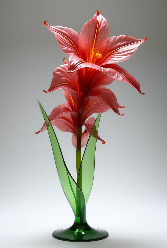 A gladiolus flower made of glass, It is a reddish purple tone, and has golden veins like kintsugi art.
