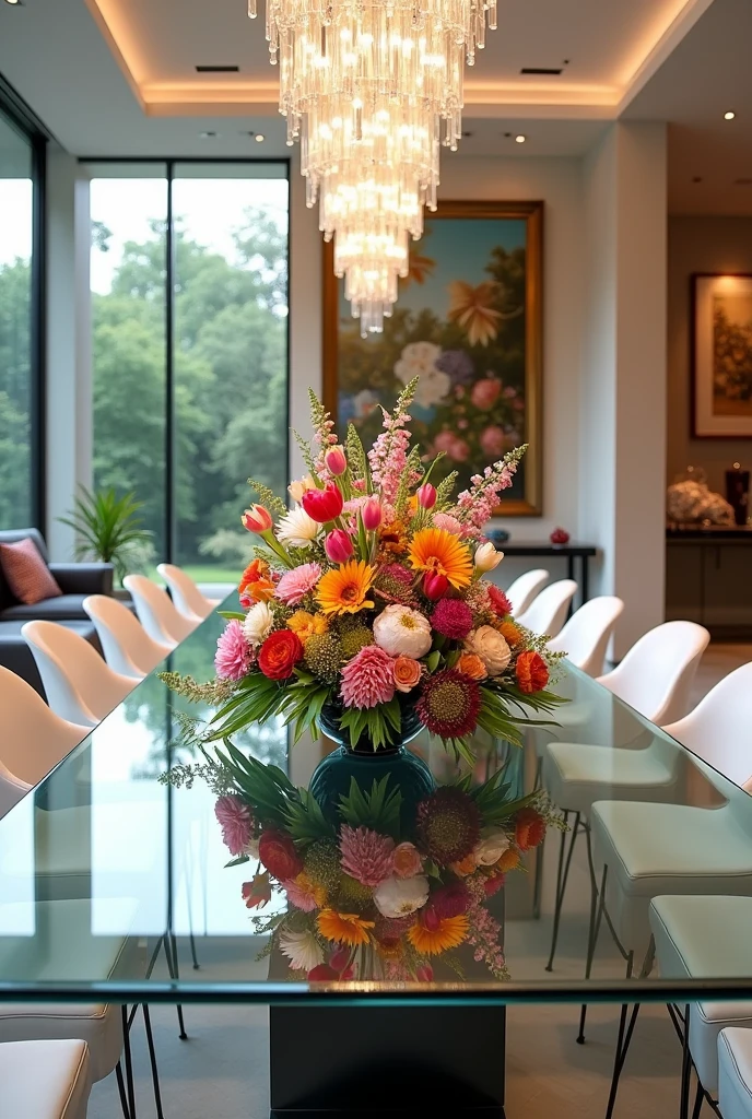 A large dining room with a classic romantic modern futuristic style. With a glass table and in the center a vase of large and beautiful tulip flowers, peonias, rose, gerberas, sunflowers, with white chairs. On the ceiling a modern chandelier. On the left there is a window with a view of the garden and on the right there are paintings and below there is a modern display case with large decorations of quartz and colorful crystals and precious stones.