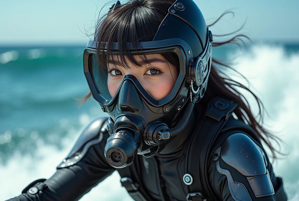 photo-realistic, ultra-realistic, very beautiful Japanese, famous Japanese idol, 20 years old, dramatic scene, masterpiece, beautiful eyes, (face focus, acrobatic closeup to her beautiful scuba-masked face:1.3), (extremely intricated with extremely complex cyber punk mecha armored full-face scuba mask with air hose:1.5), (wearing cyber punk mecha-suits with neon marker:1.5), (she is acrobatic jet skiing on the sea:1.5), (super big jump in the air over the huge waves:1.5), (fully equipped with scuba equipment:1.3), amazing view of huge waves, acrobatic pose, dynamic angle, spectacular, Nimble movements, Sharp turns, (very large breasts),