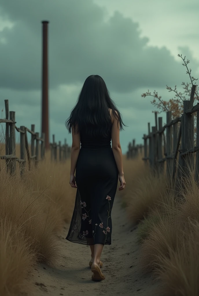 cinematic (photorealism:1.2), real pic 
real pic 34 year old curvy Asian woman with long black hair, wearing a black dress with floral motifs, black shoes, walking against the backdrop of the savanna, tall dry weeds, a stretched wooden fence, a rusty chimney, dark clouds