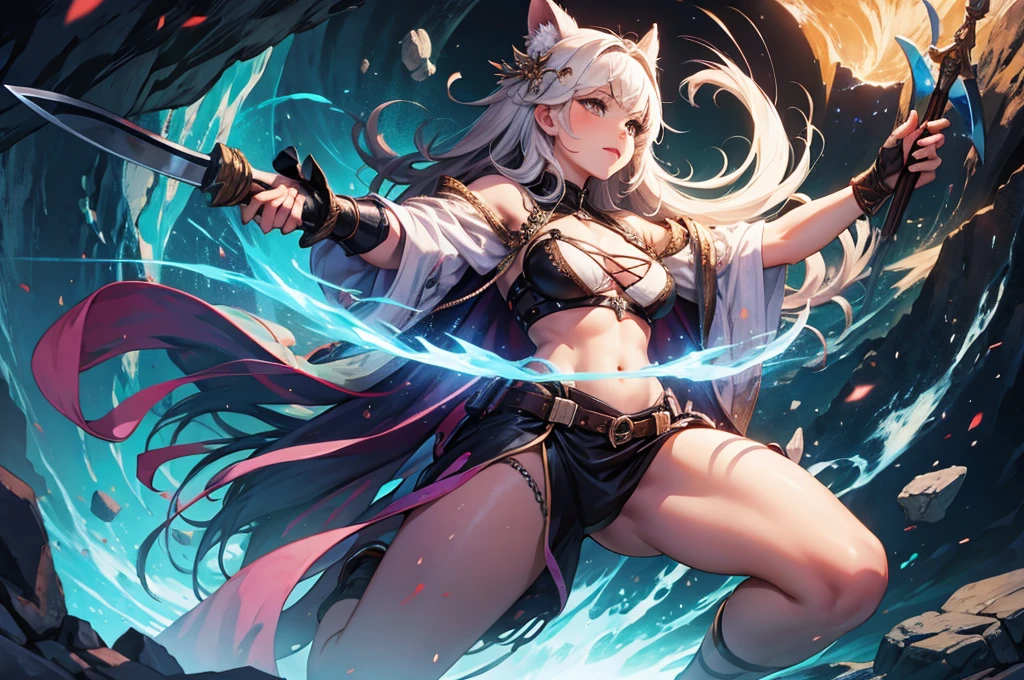 Full body portrait, (cave), (Perfect Anatomy), \(Giant Axe, She&#39;s holding a big axe, Amazoness, barbarian woman, Golden wavy hair, blue eyes, Perfect Eyes, 彼女の体型は非常にMuscularで豊満だ, Huge big breasts, Heavy chest, Abdominal musclesが割れている, Micro bikini with small cloth area, 大きなAbdominal muscles, Detailed skin texture, Super-detailed body: 1.1, Highly detailed skin: 1.2, Muscular, Muscular biceps, Abdominal muscles: 1.2, Fighting goblins, Swinging an axe\), Artwork, 8k, CG , Cinematic, High resolution, masterpiece, Highest quality