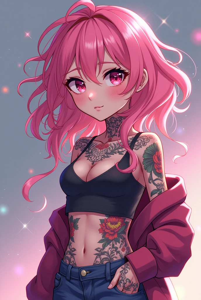 Cute anime, Pink messy wavy hair, Cruciform pupil, Wearing loose, baggy hip-hop fashion, Attractive and seductive face, compensate, Full of tattoos, Best body shape, Background Another Dimension, Memo effect, Star Effect, Cardiac effects, Glitter effect, (Super detailed, The absolute solution, Highest quality:1.3)