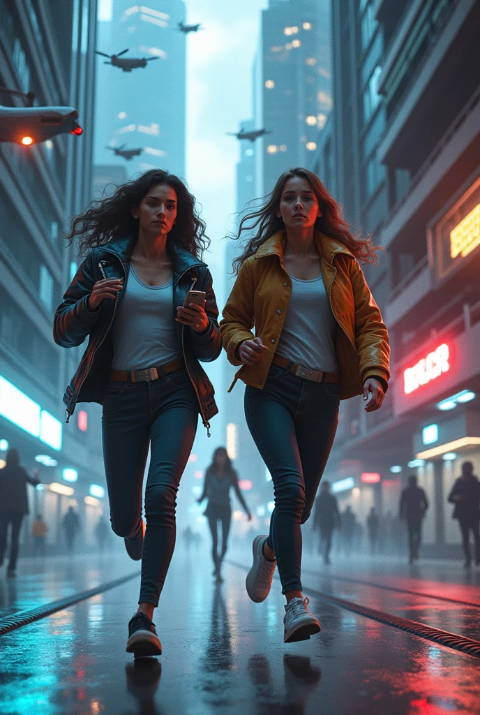 A woman and her friend are chasing a thief, holding a phone. The background is a high-tech city.