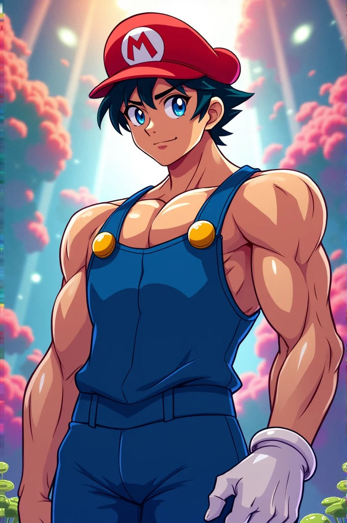 In rich and colorful Japanese anime style, full-body illustration "Chiba Mamoru from Sailor Moon by Takeuchi Naoko" with piercing blue eyes, handsome adult man with short black hair adorned with a Mario Bros style shaped cap, blue jumper with no shirt and burly arms (Mario Bros outfit, blue and red color) in front of the magical world of Mario Bros video game with vibrant colors, white edges, a colorful background, colorful shapes, high resolution, high contrast, bright lighting, a lively atmosphere and a lively personality. Dutch angle from below.