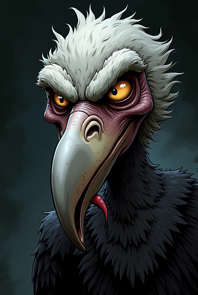 Head of an evil old cartoon vulture with a smile  
