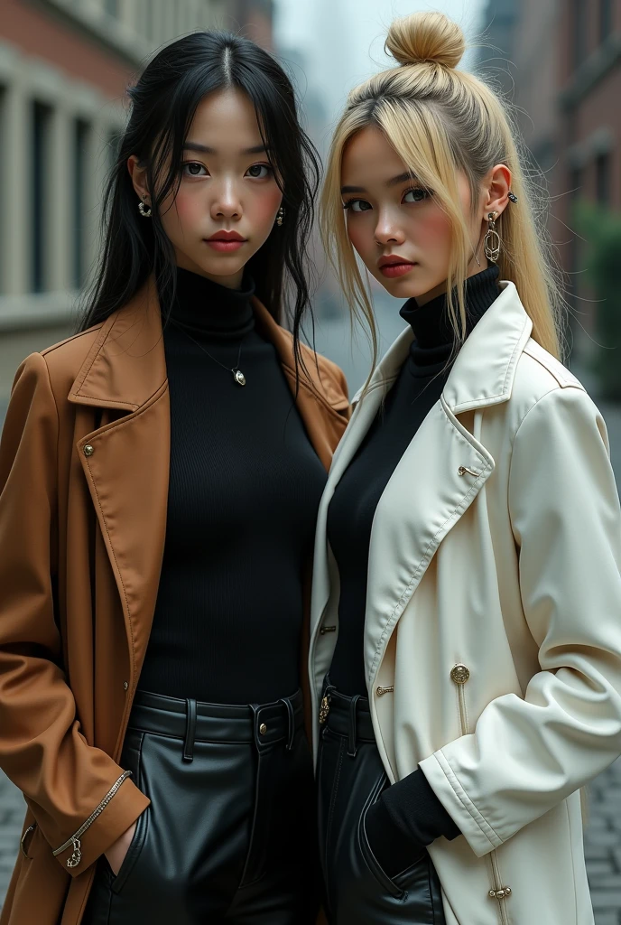 Une fille asiatique avec un long manteau marron et une chemise noire, avec des cheveux longs blond avec des pointes noires, une fille noire gothique avec une veste blanche et des piercings cheveux mi-long en pagaille avec des yeux bleus,