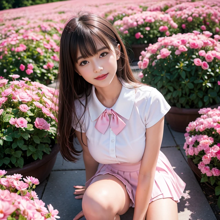 Pink short pleated skirt, in the flower field，Wearing a white sailor suit，white shirt，(knee shot) ,pink bow tie，Pink navy collar，1 female, On the face, laughing out loud, light brown hair, blunt bangs, hair behind ears, Shoulder-length hair, long hair, Slender body type, 超face slimming型, face slimming, delicate lips, beautiful eyes, Thin blush, Eyes are light brown,View here, (actual:1.3), One person's perspective, 8k, Super detailed, high quality, best quality, High resolution, ，Large Breasts，wear a H cup, 2,above knee shot