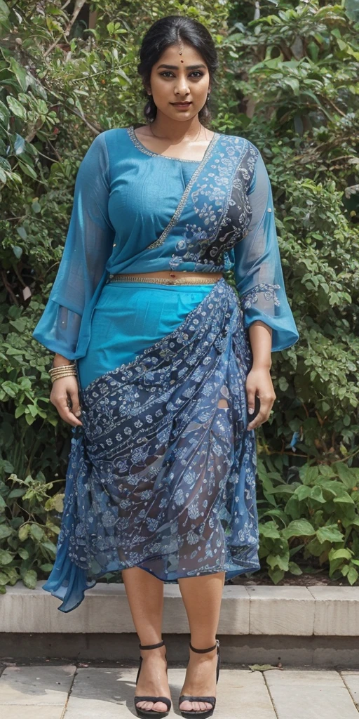 Day scene, A radiant, full-figured South Indian 35 year old aunty a blue colour chiffon mini skirt and black chiffon shirt, standing, in a garden captured in a full-body image with vibrant hues and meticulous details. Full body image