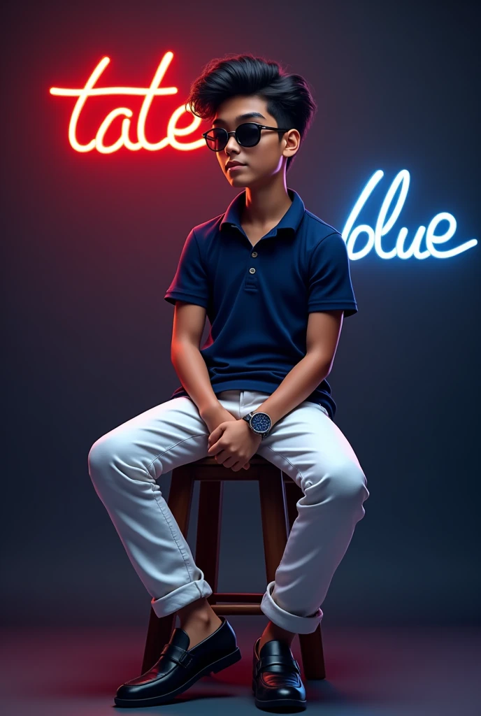 A tan boy with small muscles and black wave hair and navy blue polo t shirt, white long trousers, old watch, black loafers, wearing a sunglass and sitting on the black stool and in black background has written in curcive tate red and blue light on it the boy turning right