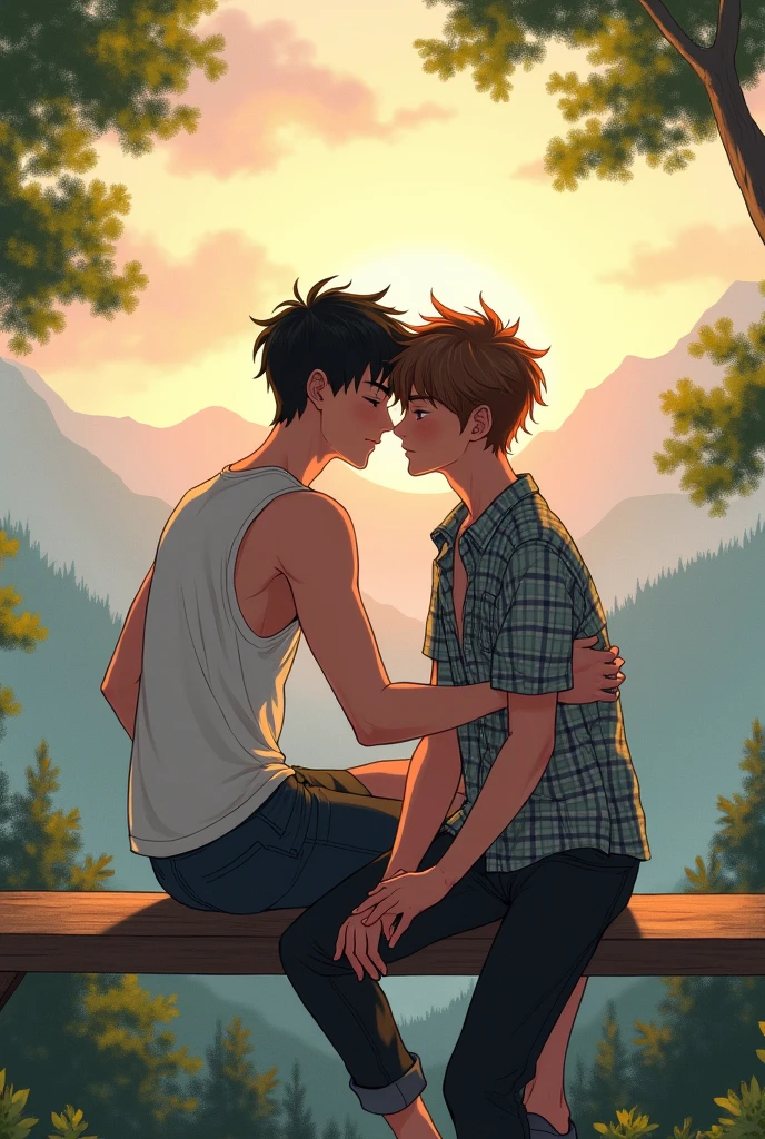Create an image of two boys sitting on a bench on top of a mountain with trees around them. The boy sitting is white with short black hair wearing shorts and a sleeveless t-shirt with defined muscles., on his lap is the other skinny boy with messy brown curly hair wearing black pants and a plaid shirt. The two approaching to kiss each other with their hands on each other's heads . Make the image with reference in yaoi manhwas, with a slightly blurred appearance imitating watercolor drawings.