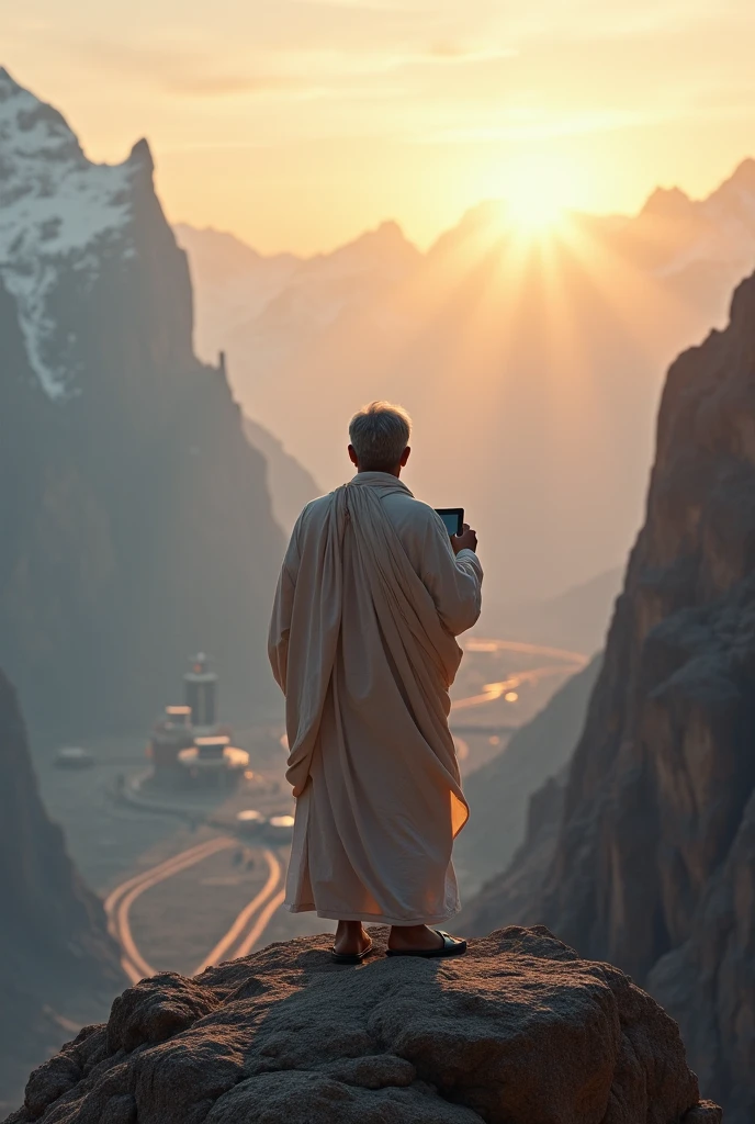 A man standing on a mountain and seeing kabbah on mountain in morning
And seeing kabbah in makkah and holding a tablet to take the picture of kabbah