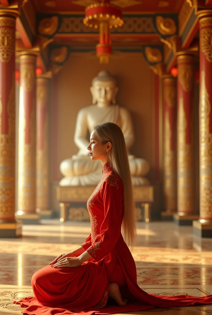 In the golden temple、A cool Chinese woman with long blonde hair is kneeling facing forward。Clothes are red cheongsam