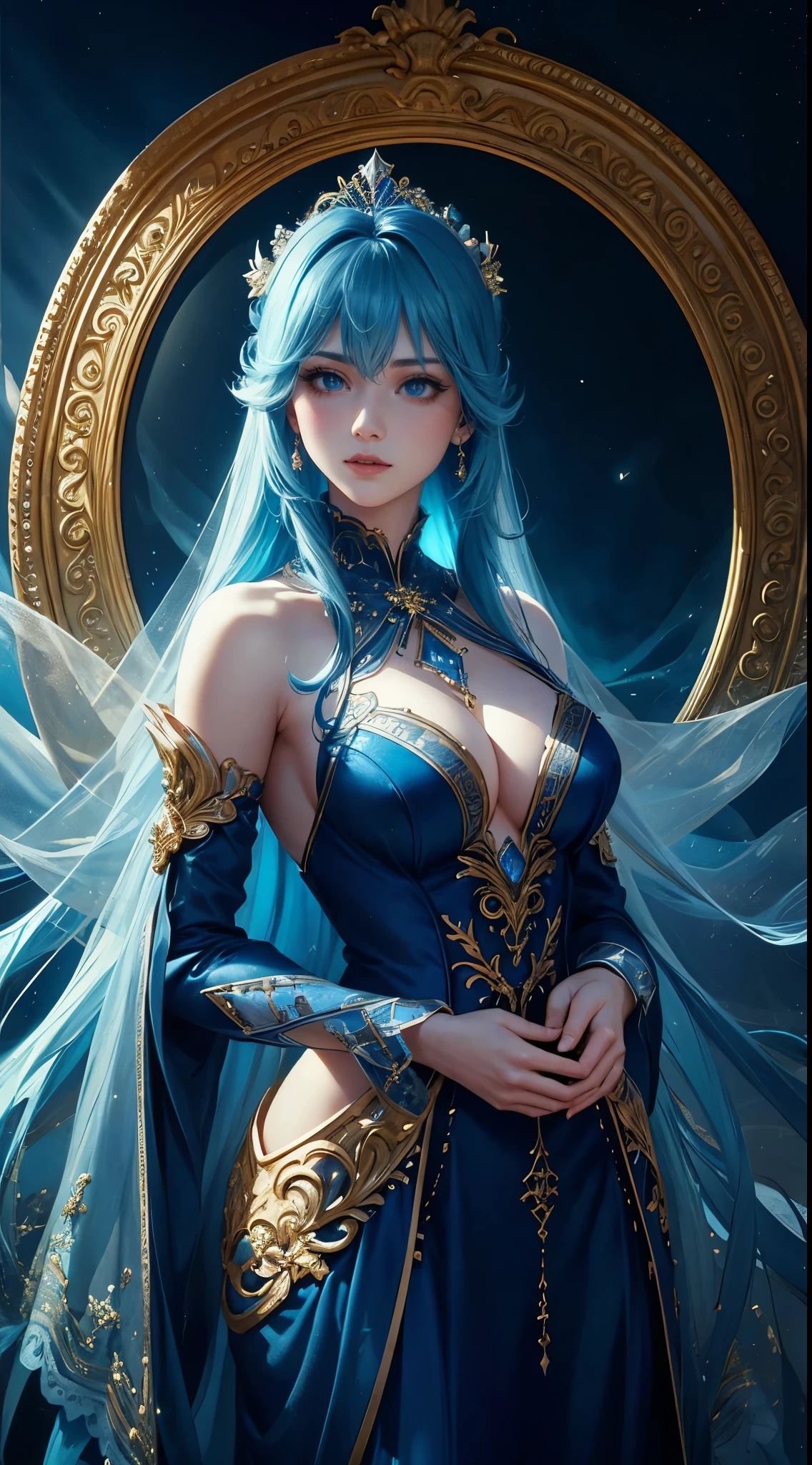 Close up of woman with blue hair and veil, heavenly beauty, ((beautiful fantasy empress)), beautiful fantasy empress, Beautiful character drawings, Palace , girl wearing hanfu, heavenly fantasy, beautiful fantasy girl, very beautiful and subtle, white hanfu, fantasy beautiful, Beautiful fantasy art, Beautiful female princess, beautiful maiden, Chinese princess