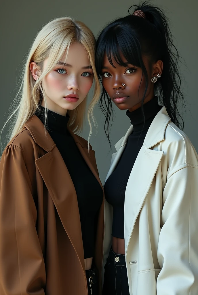 Une fille asiatique avec un long manteau marron et une chemise noire, avec des cheveux longs blond avec des pointes noires, une fille noire gothique avec une veste blanche et des piercings cheveux mi-long en pagaille avec des yeux bleus,