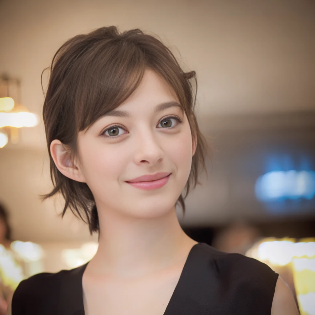 a Close-up portrait of gorgeous smiling cute Japanese woman in a glamorous blue dress outfit, delicate facial features, porcelain-skinned, ponytail, a fusion of young Marion Cotillard's striking eyes and young Anne Hathaway's introspective gaze, long and slender cute face, curved eyebrows, droopy hooded eyes, low nasal bridge, wavy nose, smiling, thin lips, short pixie cut hair, silhouette, bokeh, lobby bar lounge background,