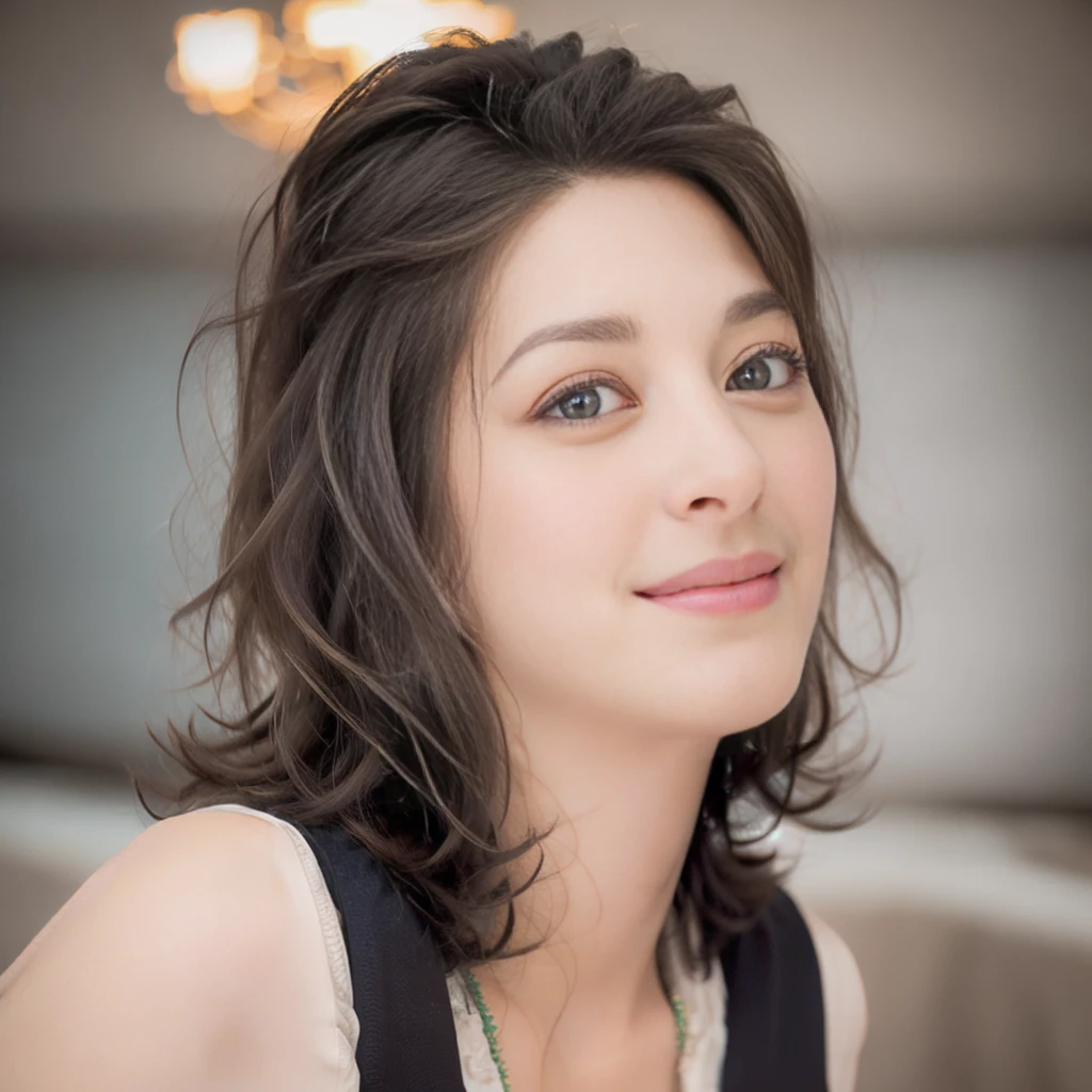 a Close-up portrait of gorgeous smiling cute Japanese woman in a glamorous blue dress outfit, delicate facial features, porcelain-skinned, ponytail, a fusion of young Marion Cotillard's striking eyes and young Anne Hathaway's introspective gaze, long and slender cute face, curved eyebrows, droopy hooded eyes, low nasal bridge, wavy nose, smiling, thin lips, short pixie cut hair, silhouette, bokeh, lobby bar lounge background,