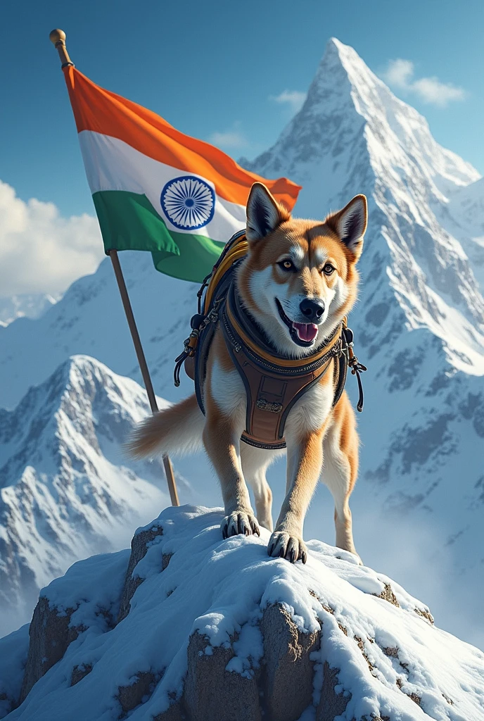 dog climbing the mount Everest with india flag 