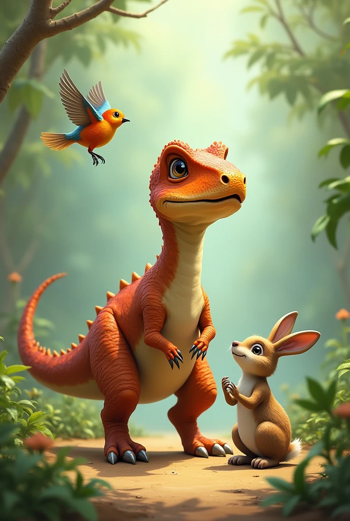 A bird and a rabbit suggest different paths to a small dinosaur. Working together to prepare."