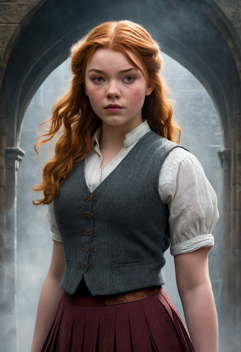 An illustrated movie poster, hand-drawn, full color, a age Hogwarts student, 18-years-old, female, wearing a charcoal vest and a pleated skirt, athletic hourglass figure, busty bosoms, full wide hips, massive round butt, long shapely legs, ridiculously thick powerful thighs, vibrant eyes, red auburn hair, thick shaggy bangs, flushed sun-kissed complexion, freckles, resembles Margaery Tyrell, standing in a foggy Hogwarts courtyard, surrounded by mist, graphite shading, stencil marks, airbrushed acrylic paint, masterpiece, close-up shot, in the style of the Deathly Hallows