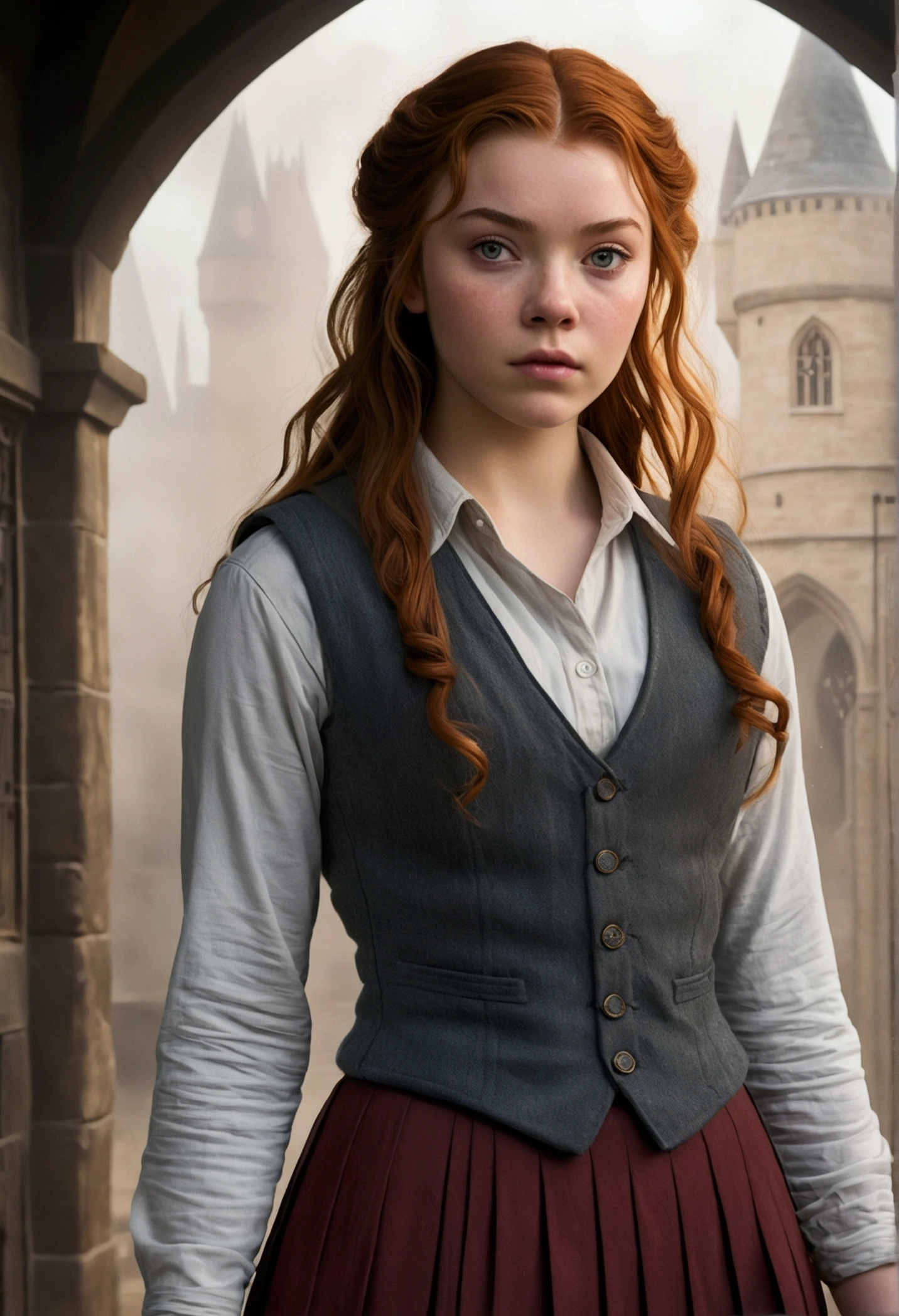 An illustrated movie poster, hand-drawn, full color, a teenage Hogwarts student, 18-years-old, female, wearing a charcoal vest and a pleated skirt, athletic hourglass figure, busty bosoms, full wide hips, massive round butt, long shapely legs, ridiculously thick powerful thighs, vibrant eyes, red auburn hair, thick shaggy bangs, flushed sun-kissed complexion, freckles, resembles Margaery Tyrell, standing in a foggy Hogwarts courtyard, surrounded by mist, graphite shading, stencil marks, airbrushed acrylic paint, masterpiece, close-up shot, in the style of the Deathly Hallows