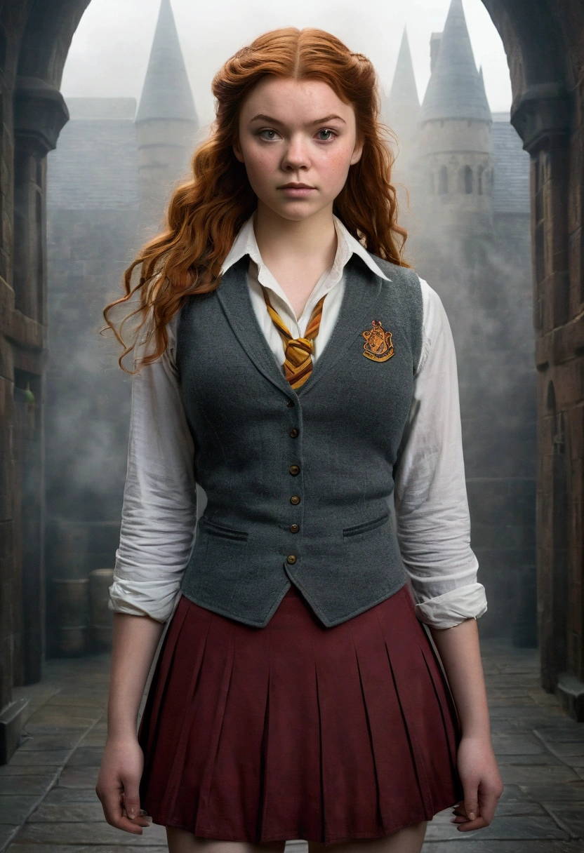 An illustrated movie poster, hand-drawn, full color, a teenage Hogwarts student, 18-years-old, female, wearing a charcoal vest and a pleated skirt, athletic hourglass figure, busty bosoms, full wide hips, massive round butt, long shapely legs, ridiculously thick powerful thighs, vibrant eyes, red auburn hair, thick shaggy bangs, flushed sun-kissed complexion, freckles, resembles Margaery Tyrell, standing in a foggy Hogwarts courtyard, surrounded by mist, graphite shading, stencil marks, airbrushed acrylic paint, masterpiece, close-up shot, in the style of the Deathly Hallows