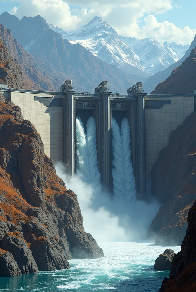 Create a futuristic image of large dam with Francis, Kaplan and pelton turbines