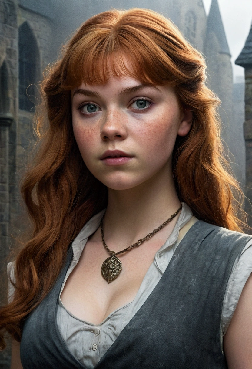 An illustrated movie poster, hand-drawn, full color, a teenage Hogwarts student, 18-years-old, female, wearing a charcoal vest and a pleated skirt, athletic hourglass figure, busty bosoms, full wide hips, massive round butt, long shapely legs, ridiculously thick powerful thighs, vibrant eyes, red auburn hair, thick shaggy bangs, flushed sun-kissed complexion, freckles, resembles Margaery Tyrell, standing in a foggy Hogwarts courtyard, surrounded by mist, graphite shading, stencil marks, airbrushed acrylic paint, masterpiece, close-up shot, in the style of the Deathly Hallows