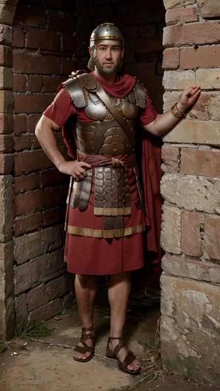 Front view , Full-body looking at viewer, sole, Titus, Empire of Roman, standing pose, stand in an ancient Roman palace, 30 years-old, handsome,( wave perm , brown hair , serious, Roman helmet with red chicken's crest design), normal body, ((An ancient Roman emperor wearing traditional imperial wear, body of leather armor and emboss of Apron face , shoulder and arm protector , red crock)), sandal, noon ,(Textured skin , HI Detail Skin, (Shorthand, Canon, 8k, Anatomically correct, Super Detail, Attention to detail, Your Highness)