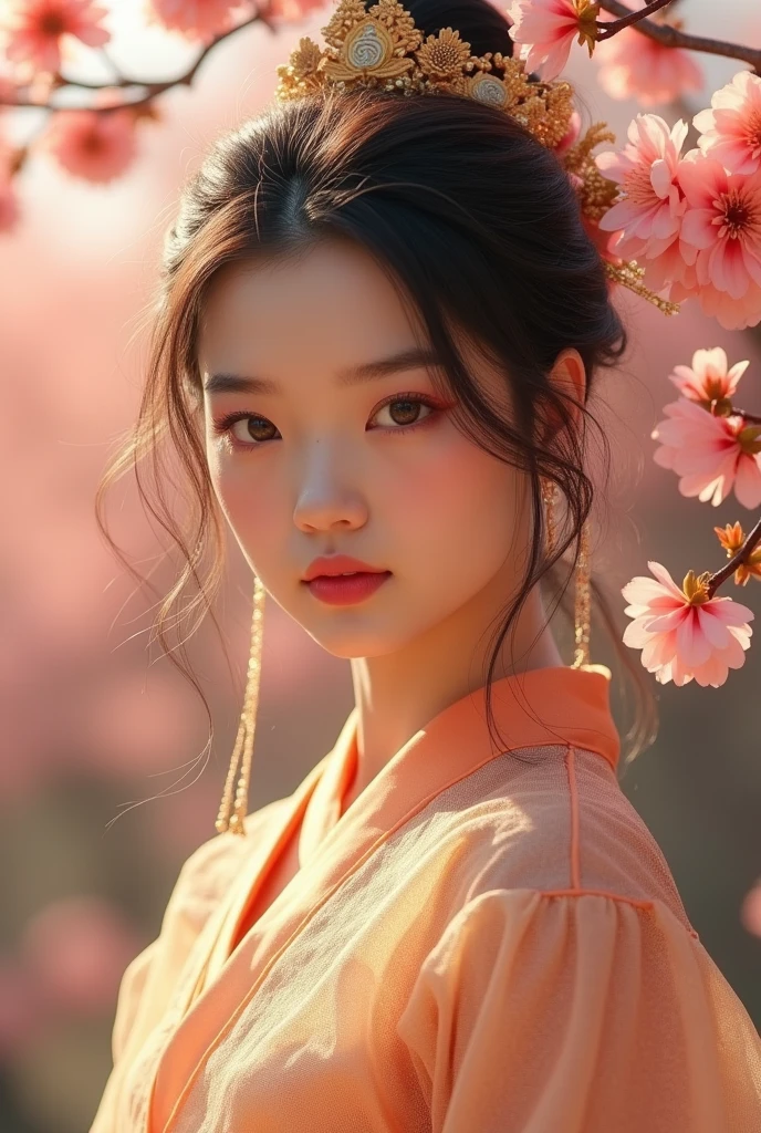 (masterpiece,Highest quality:1.4),(8k,RAW Photos,Photorealistic:1.4),Ultra-high resolution, ,(Glowing Skin:1.4),Detailed肌,Detailed顔,Detailed目,(Beautiful and shining eyes:1.2),Symmetrical eyes,Detailed耳,One person,Natural Makeup,(((Japanese Idols))),(Japanese Face),Detailed背景,Vivid background,、Peach Blossom Garden、Fairy、Beautiful and shiny hair,,((Average age breasts)),Ultimate cuteness,(Detailed Female Hermit、A golden, sheer, fantastical costume、Ancient Chinese fantasy films),,((Sharp Face)),Natural light,,(Very detailed ,Trend design for 2024,online shopping,LUMINE® Market,),Emphasized breasts,Upper Body,,(Detailed,Location was great.),,、Green Eyes、Sexy Style