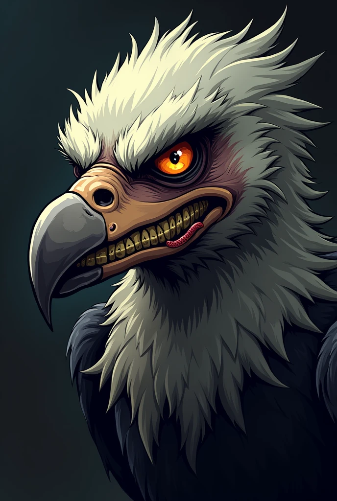 Head of an evil old cartoon vulture with a smile