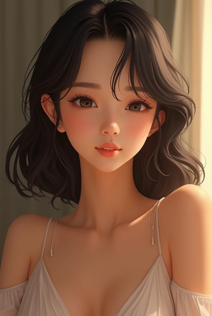Japanese woman in her 20s, semi-long black hair, cute, smiling, soft lighting, warm atmosphere, sense of charm and grace,