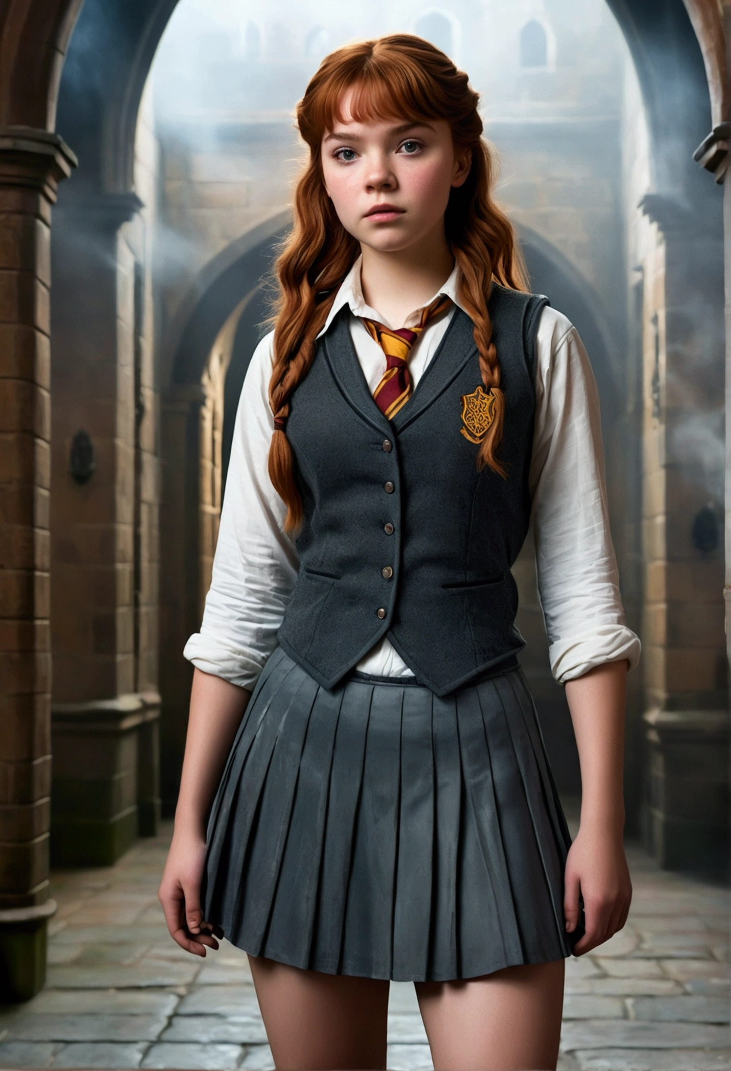 An illustrated movie poster, hand-drawn, full color, a teenage Hogwarts student, 18-years-old, female, wearing a charcoal vest and a pleated skirt, athletic hourglass figure, busty bosoms, full wide hips, massive round butt, long shapely legs, ridiculously thick powerful thighs, vibrant eyes, red auburn hair, thick shaggy bangs, flushed sun-kissed complexion, freckles, resembles Margaery Tyrell, standing in a foggy Hogwarts courtyard, surrounded by mist, graphite shading, stencil marks, airbrushed acrylic paint, masterpiece, in the style of the Deathly Hallows