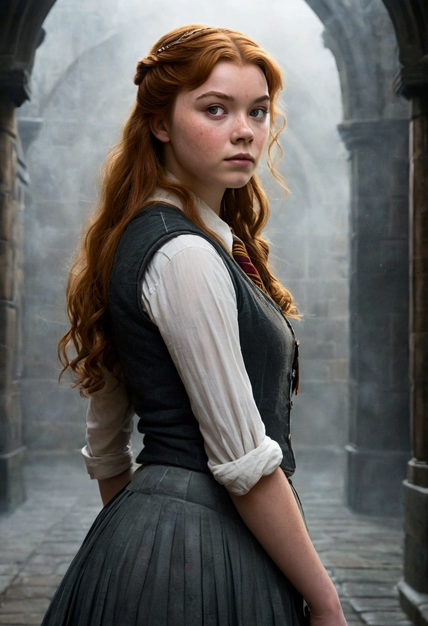 An illustrated movie poster, hand-drawn, full color, a teenage Hogwarts student, 18-years-old, female, wearing a charcoal vest and a pleated skirt, athletic hourglass figure, busty bosoms, full wide hips, massive round butt, long shapely legs, ridiculously thick powerful thighs, vibrant eyes, red auburn hair, thick shaggy bangs, flushed sun-kissed complexion, freckles, resembles Margaery Tyrell, standing in a foggy Hogwarts courtyard, surrounded by mist, graphite shading, stencil marks, airbrushed acrylic paint, masterpiece, in the style of the Deathly Hallows