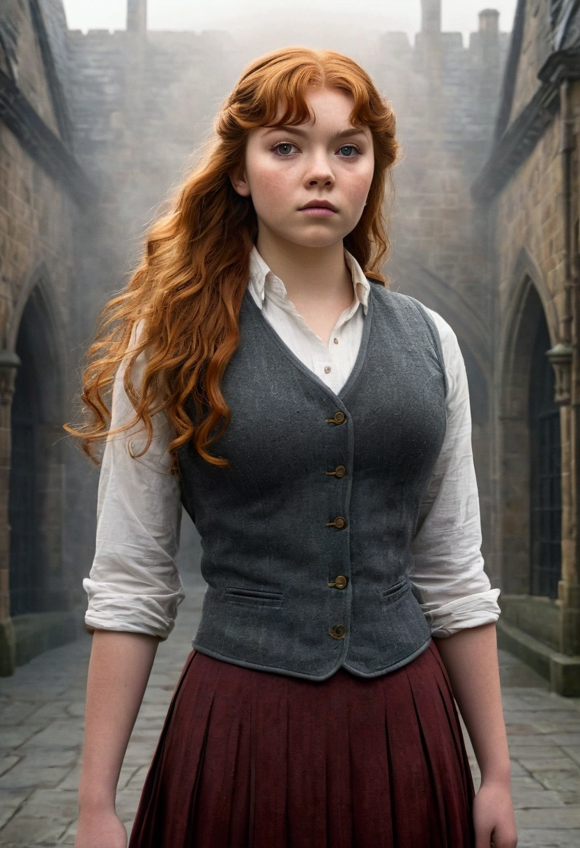 An illustrated movie poster, hand-drawn, full color, a teenage Hogwarts student, 18-years-old, female, wearing a charcoal vest and a pleated skirt, athletic hourglass figure, busty bosoms, full wide hips, massive round butt, long shapely legs, ridiculously thick powerful thighs, vibrant eyes, red auburn hair, thick shaggy bangs, flushed sun-kissed complexion, freckles, resembles Margaery Tyrell, standing in a foggy Hogwarts courtyard, surrounded by mist, graphite shading, stencil marks, airbrushed acrylic paint, masterpiece, in the style of the Deathly Hallows