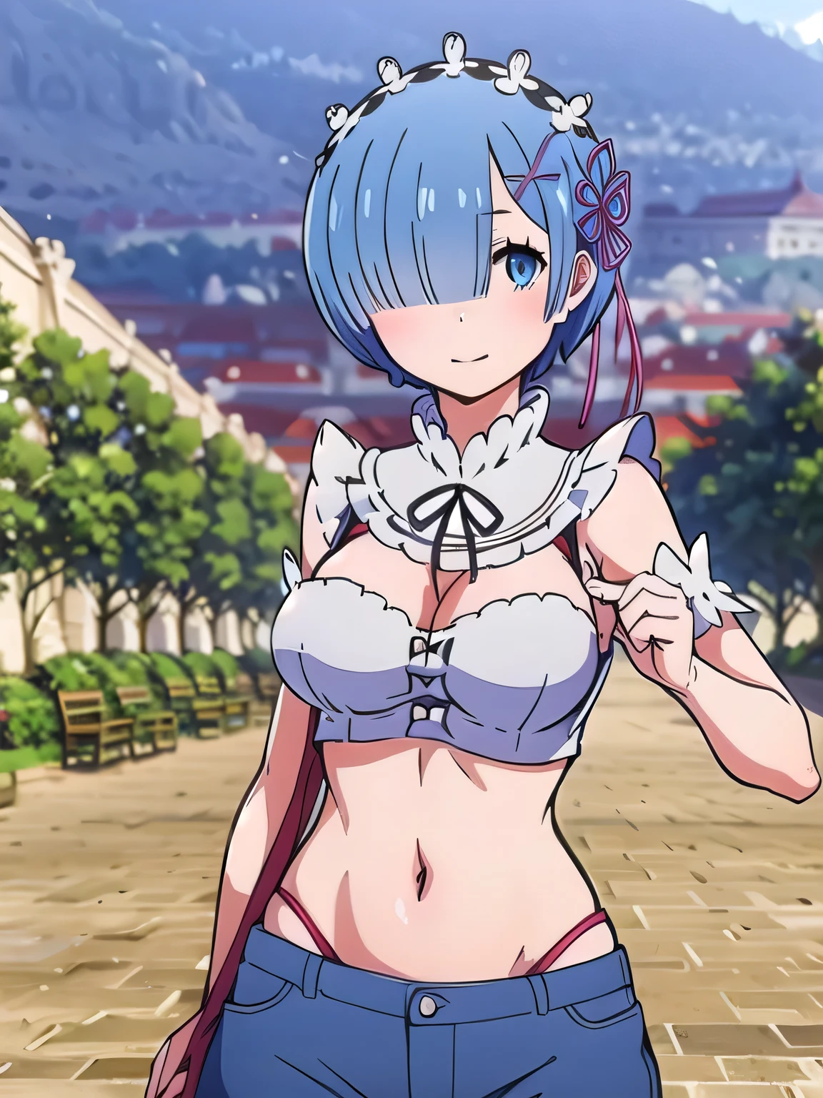 all realistic intricate details, cowboy shot, masterpiece, best quality, highres, rem1, 1girl, solo, rem \(re:zero\), blue hair, short hair, red eyes, hair over one eye, ribbon trim, hair ribbon, x hair ornament, frills, crop top white, denim shorts,medium breasts, cleavage, sedection pose , hair flower, outdoor, standing, smile, perfect background, perfect light