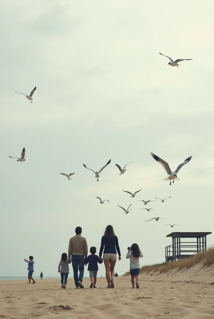 Generates a scene on a desert beach with a gray and cloudy sky. In the right background, In the distance adds a simple construction, a very small wooden structure that functions as a viewing point.A group of five people are walking backwards towards the horizon, with an adult man and woman in the center, flanked by two young people and a . On the left, There is a sixth person walking alone in the distance. in the sky, There are a large number of seagulls flying in formation, covering much of the scene. The beach is mostly sandy with little visible vegetation., and deep down, Two people can also be seen sitting on the sand near the building.. To the right of the group, A person is taking photos from a low position. Let there be little water