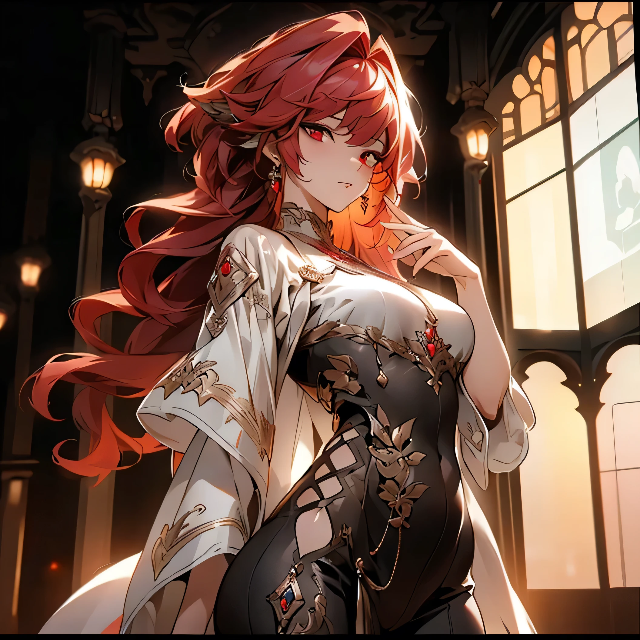 (best quality)), ((Masterpiece)), (details:1.4), 3d, HDR (high dynamic range), an image of a beautiful cyberpunk female, Red hair, Curtain Bangs, Red eyes, hips up, จมูกโด่ง, ปากแดง, หน้าอกใหญ่, nvidia RTX, PBR surface, After processing, Anisotropic filtration,depth of field, Maximum clarity and clarity, multi-layered surface, Subsurface scattering, perfect proportions, 8K raw files, ultra detailed, Perfect proportions, volumetric lighting, soft lighting, Holy Paladin, Heavy Armor, intricate silver embroidery, glossy skin, gorgeous, intricate grey background, strong back lighting, jewely, ต่างหู, นิ้วมือสมบูรณ์, กระโปรงสั้น