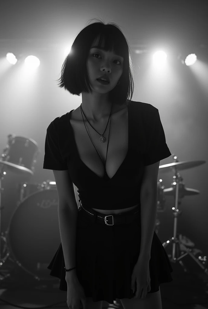 Black and white photography、Live footage、18 year old woman。Asian woman with short bob、Straight Hair、band、skirt、Beautiful Face、Punk Rock、Large Breasts、Satomi Ishihara、Black T-shirt、A cleavage so big you could squeeze your penis in it、Stage Lighting、smoke、mist、Alice Hirose、Solo artist、skirtめくり、Leaning forward to look at you、