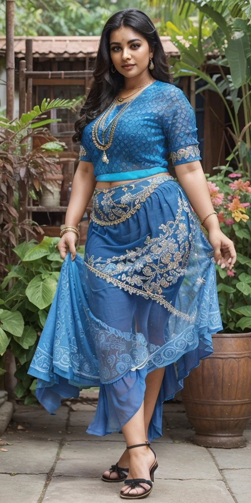 Day scene, A radiant, full-figured South Indian 35 year old aunty a blue colour chiffon mini skirt and black chiffon shirt, standing, in a garden captured in a full-body image with vibrant hues and meticulous details. Full body image