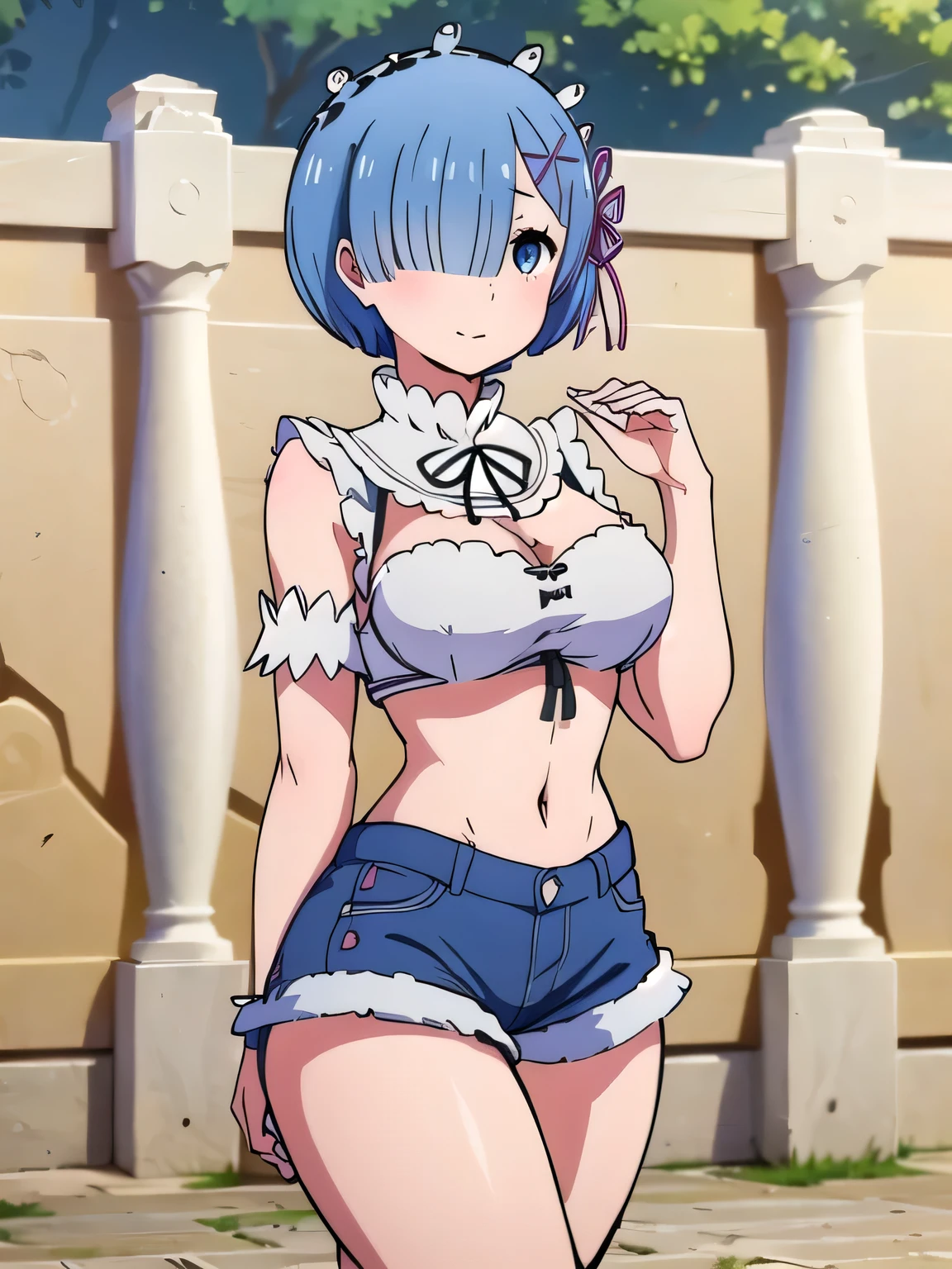 all realistic intricate details, cowboy shot, masterpiece, best quality, highres, rem1, 1girl, solo, rem \(re:zero\), blue hair, short hair, red eyes, hair over one eye, ribbon trim, hair ribbon, x hair ornament, frills, crop top white, denim shorts,medium breasts, cleavage, sedection pose , hair flower, outdoor, standing, smile, perfect background, perfect light