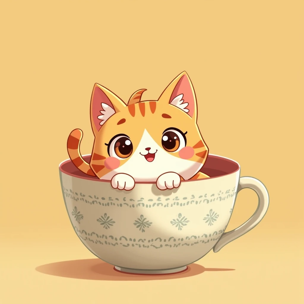 Animated cute cat inside a cup. The cat has a cheerful expression, with large eyes and a small smile. The cup has a simple design with small patterns
