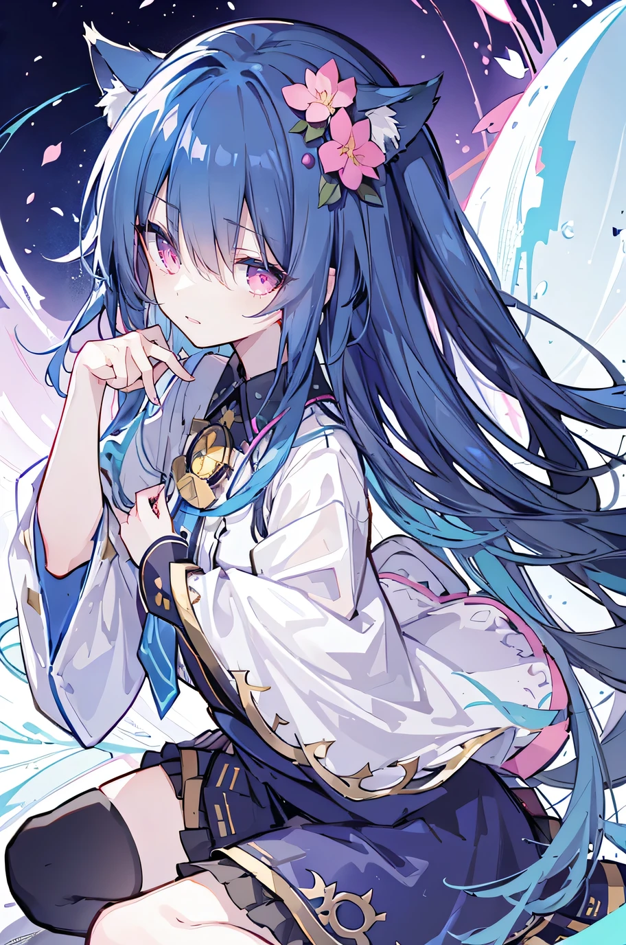 oung Girls,Humanity,A magician always smiles,big witch hat,cute,dark blue long hair,The eyes are dull,The bangs are heavy,Thin eyebrows,fantasy,intake,Double teeth,Star Theme,Constellation pattern,Solid color clothetal decoration,cloak,A bit of a dark atmosphere,A little crazy smile,When the big moon shines outside at night,blood,Hair black star embellishment,Short tie,No nails,High waist skirt,Bell sleeves,Long-sleeved shirt,Black tie,low risk,gentlemen。Mist、Yellow and white effect，Shocking pink as an accent color，(Masterpiece:1.2)，Ultra-detailed，lifelike，The eyes are expressive，Fair skin，Perfect face shape，1 girl，Japanese Manga，Gorgeous blue hair，Flowing blue hair，Flowing clothes，Cat ears，Petals falling，Shy face，sitting on window，Place your hand on your lips,masterpiece, absurdres, novel cover, cover illustration, 1girl, solo, dark blue-haired ponytail, mage robes, flower background, clock background, monochrome, line drawing，only two hands ,only two legs，Sexy sitting position。