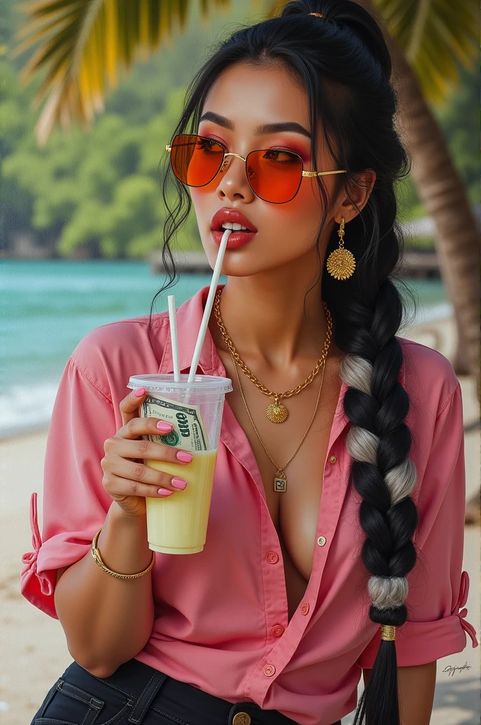 oil paintings, uhd, ink, 300 dpi, Hyper-Realistic, The image shows a Thai woman with an intricate and elaborate black and dark blonde braided hairstyle, wearing large gold earrings, a gold necklace. She has a confident and charming expression, accentuated by clear lip gloss and bright eyeshadow, and large square orange sunglasses. She is sipping a drink through a straw from a clear cup while holding a dollar bill in one hand. Her shirt is pink and she is wearing black jeans. Natural background.