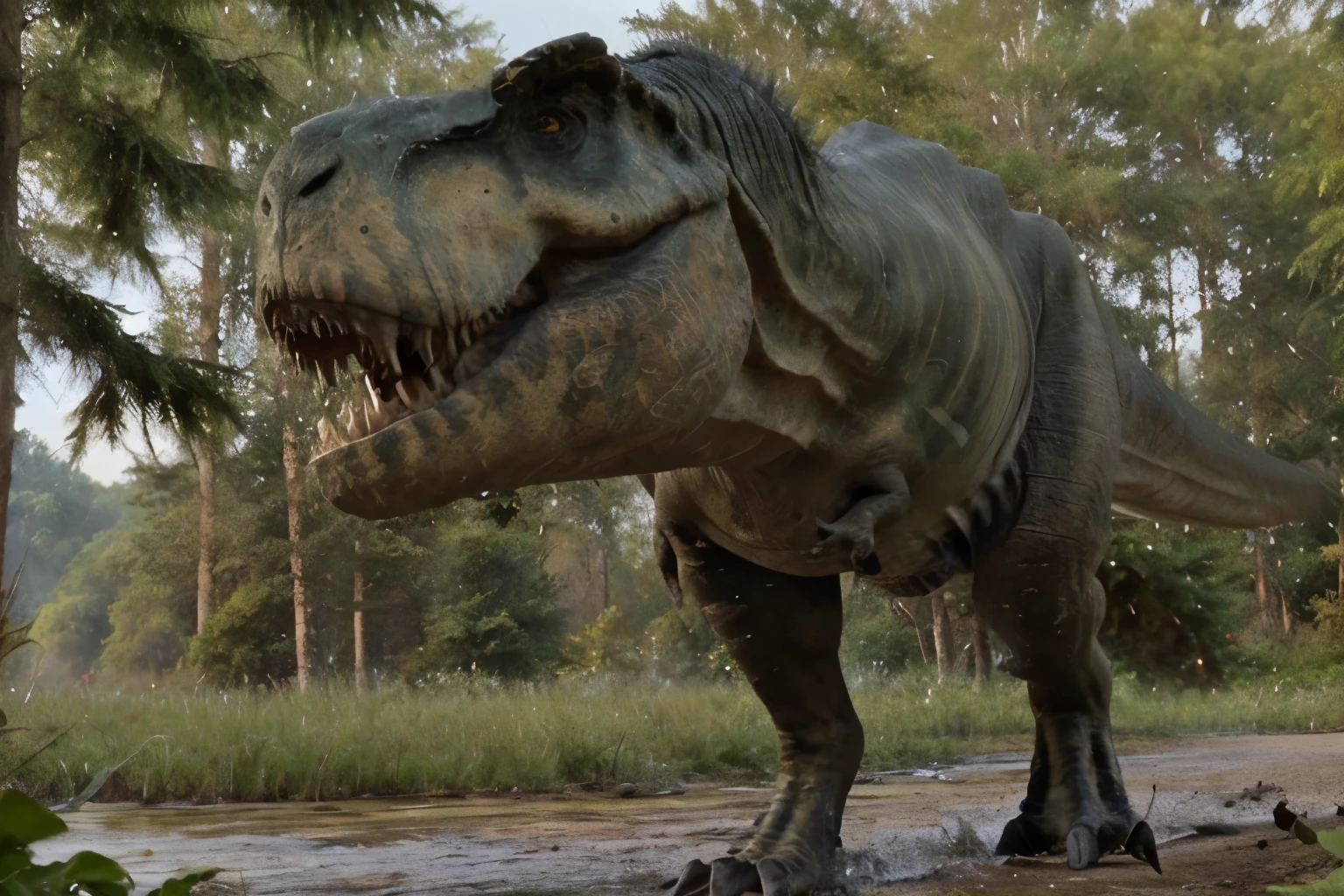 T rex is walking near a Lake, forest, realistic, absolute reality, High quality, highly detailed, overlay detailed, 4k
