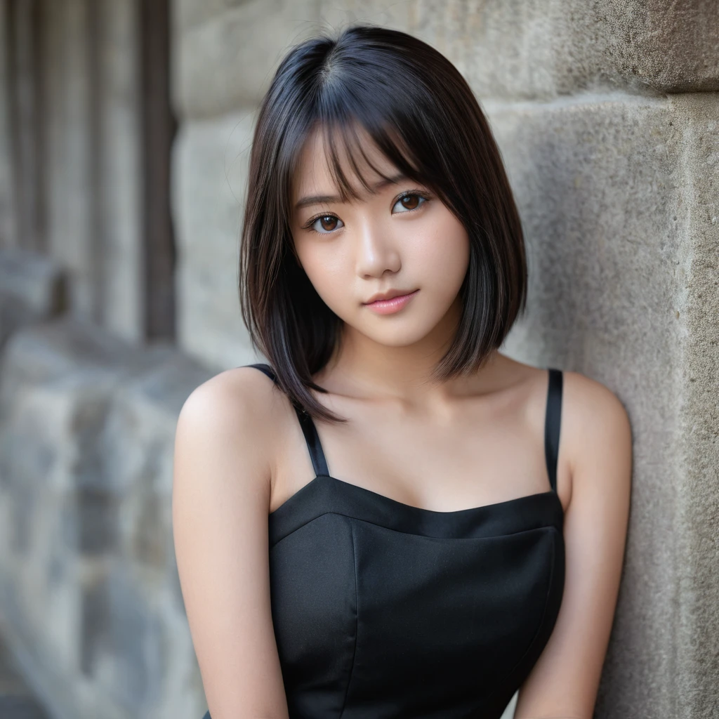 Yui, photo of female, age 15 year, black shoulder length hair with brown highlights; (dslr, ultra quality, film grain, Fujifilm XT3, crystal clear, 8K UHD, highly detailed glossy eyes, high detailed skin, skin pores); big breast, black tight plain cotton dress