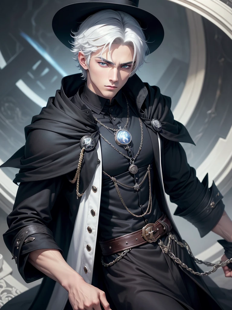 Masterpiece, High quality, Portrait, anime style, man,17 year old boy, หน้าตาhandsome, glowing eyes, ผู้manอนิเมะตัวสูงที่มีตาสีฟ้า, short white hair, ((blue eyes)),Wear a black top hat.,((There is a tarot card on the brim of the hat.)), ((Short white hair)), [Thick eyebrows], ((black long coat)), ((all black)), (blue eyes) , handsome , Facial expressions, black knight armor , black fur shawl(Masterpiece,best quality,special, (Broad shoulders)) (muscle),Sleep well.,lean back,Lie down