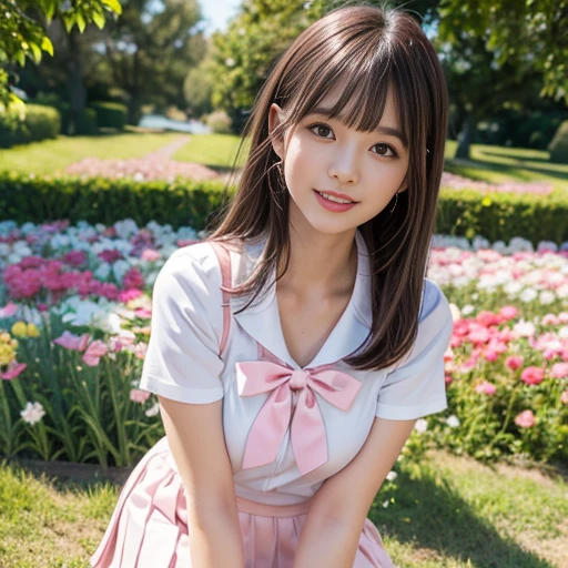 Pink short pleated skirt, in the flower field,Wearing a white sailor suit,white shirt,(knee shot) ,pink bow tie,Pink navy collar,1 female, On the face, laughing out loud, light brown hair, blunt bangs, hair behind ears, Shoulder-length hair, long hair, Slender body type, 超face slimming型, face slimming, delicate lips, beautiful eyes, Thin blush, Eyes are light brown,View here, (actual:1.3), One person's perspective, 8k, Super detailed, high quality, best quality, High resolution, ,Large Breasts,wear a H cup, 2,above knee shot