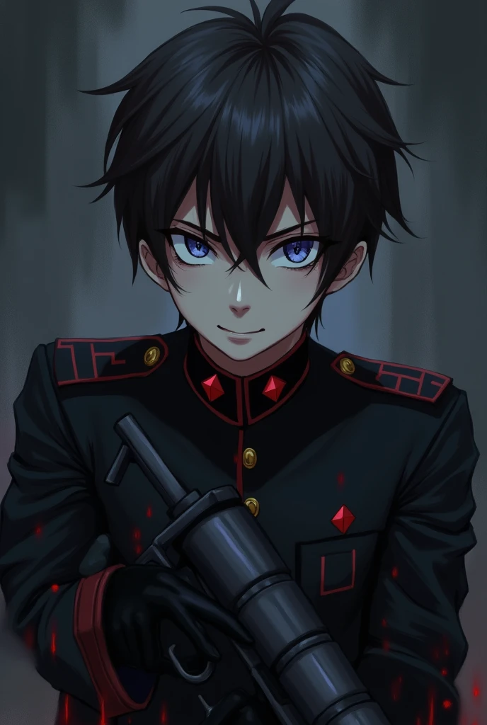 A  boy, dressed like a soldier but in a black uniform, with a soldier&#39;s weapon, with dark brown hair and dark blue eyes, look and smiling expression a little psychopathic, with blood stains on the face, with black gloves, anime style, He looks slightly annoyed but smiles with an air of superiority and his face is slightly shadowed., her pupils of eyes like red diamonds, Anime style the boy, that is in a dark 