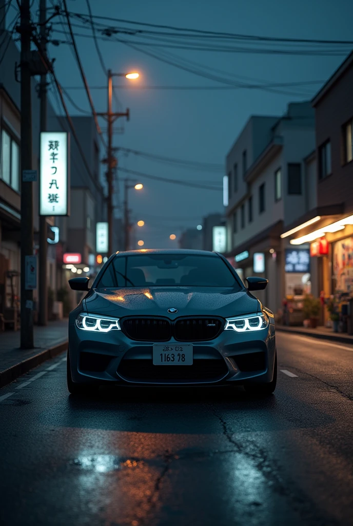  night streets of japan at 2 am and a  grey bmw m5 standing near a supermarket store